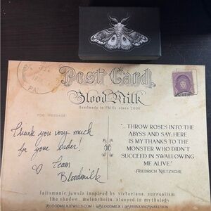 Bloodmilk moth ring box only and post card